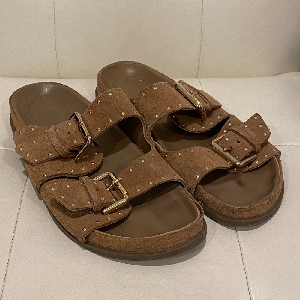 Zara Suede Gold Buckle Studs Slide Birkenstock Style Brown Sandal Milan Size 8